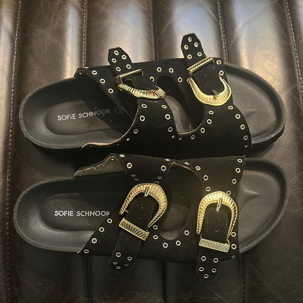 Sofie Schnoor Black slides with Gold Buckles